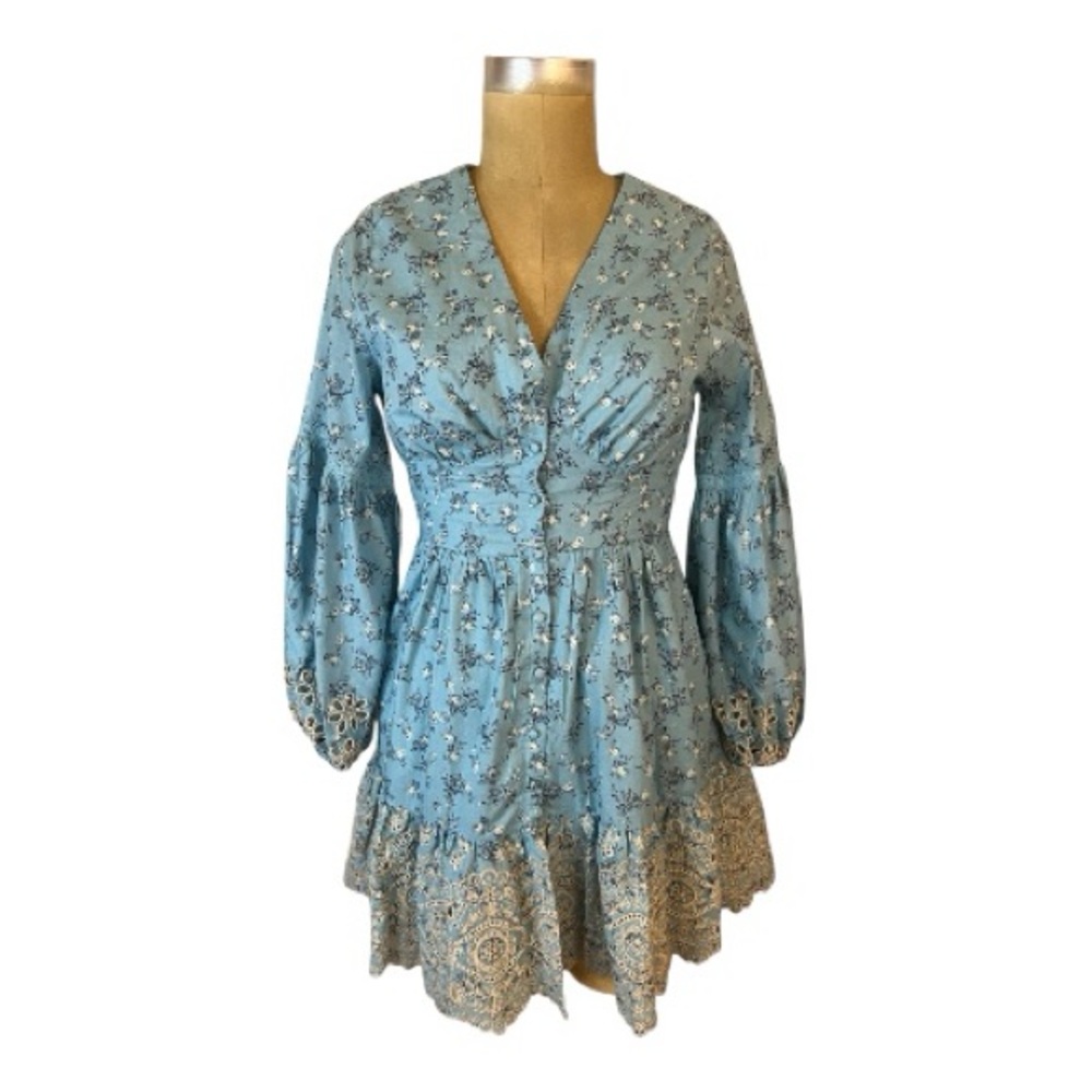 A Collective Story ballon sleeve Embroidered Button Up Floral Dress in Blue